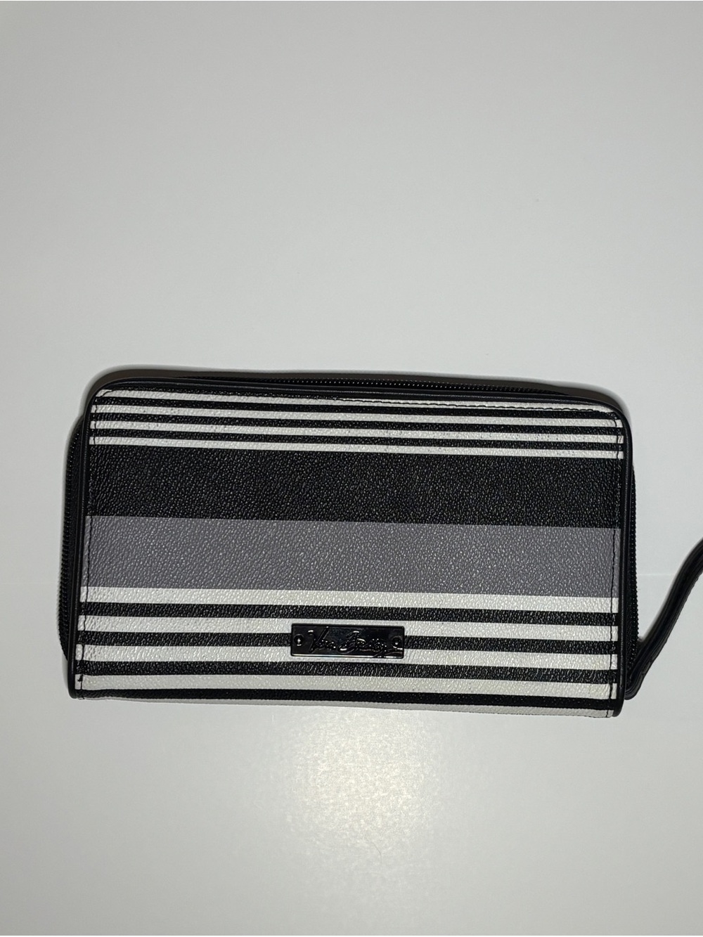 Vera‎ Bradley Black and White Striped Wristlet with Logo Plaque